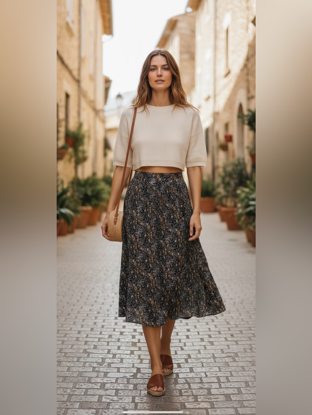 Floral Print Flowy High-Waisted Midi Skirt in Black and Mustard